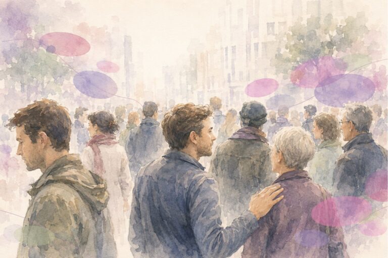 Foule de personnes marchant dans la rue, en noir et blanc, avec des accents rose et violet en arrière-plan.