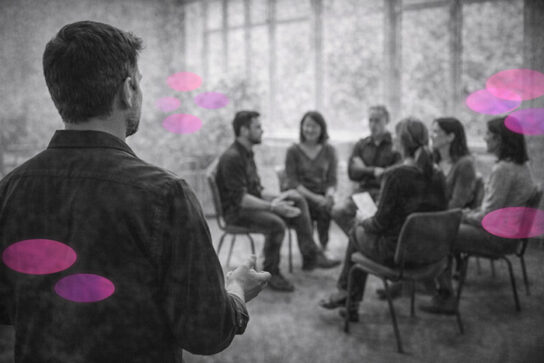 Groupe d’adultes en formation, assis en cercle, en noir et blanc, avec des accents rose et violet en arrière-plan.