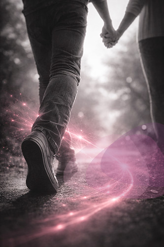 Une personne avançant sur un chemin, symbolisant le passage du ressenti à l’action et le mouvement de la vie en lien.