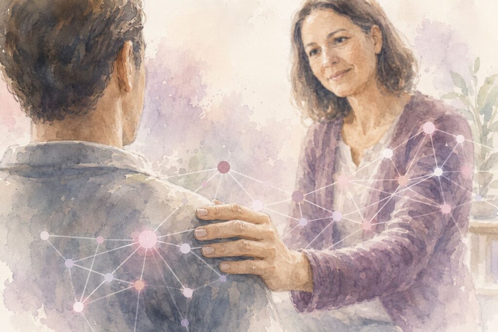 Illustration symbolique de l’émergence du lien thérapeutique et de la relation humaine en thérapie