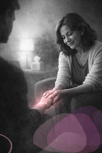 Deux personnes assises dans un cadre thérapeutique, exprimant une présence attentive et l’émergence d’un lien humain. exemple de lien en thérapie