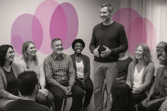 Animateur debout s’adressant à un groupe de professionnels assis en cercle, illustrant un temps de formation collective et d’échange.