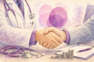 Poignée de main entre un soignant et un thérapeute symbolisant la relation patient–thérapeute et l’alliance de soin