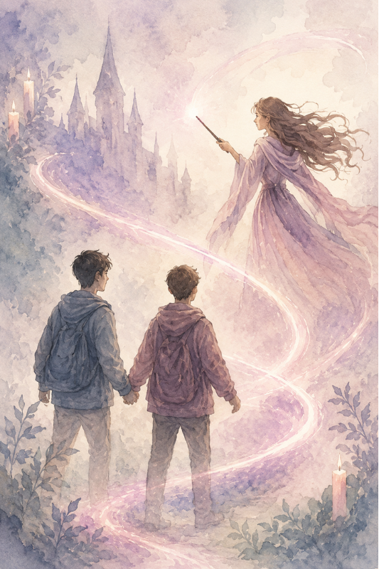 Illustration avec touches de rose montrant deux enfants se tenant la main face à une figure féminine tenant une lumière, dans un décor imaginaire.