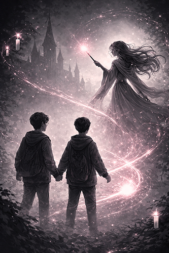 Illustration en noir et blanc avec touches de rose montrant deux enfants se tenant la main face à une figure féminine tenant une lumière, dans un décor imaginaire.