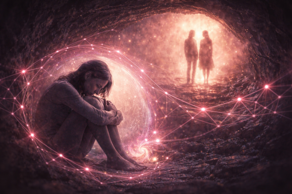 Illustration symbolique du témoin intérieur et du travail thérapeutique autour de la honte et du lien