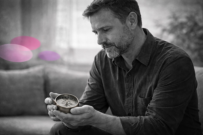 Thérapeute tenant une boussole dans ses mains, en noir et blanc, avec des accents rose et violet.