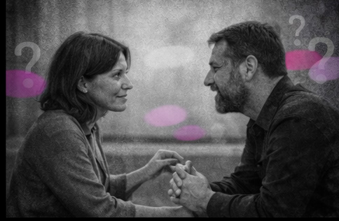 « Deux adultes en discussion thérapeutique, en noir et blanc, avec des formes rose et violet évoquant un dialogue vivant et créatif. »