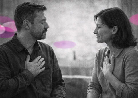 Thérapeute en introspection, main posée sur son buste, en noir et blanc, avec des accents rose et violet. Corps du thérapeute