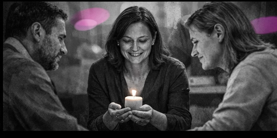« Trois adultes en noir et blanc entourant une petite flamme de bougie, avec des touches de rose et violet, symbolisant la flamme de vie et la possibilité de renaissance après le trauma. »