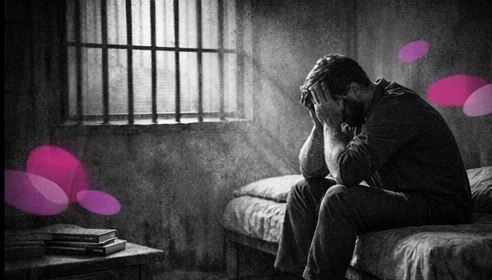 « Personne adulte assise dans une cellule en noir et blanc, tête entre les mains, avec des touches de rose et violet en arrière-plan symbolisant le secret comme prison relationnelle. »