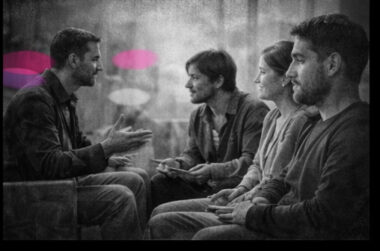 Un thérapeute échange avec une famille en séance, en noir et blanc, avec des touches rose et violet symbolisant la reconnaissance mutuelle.