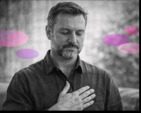 Patient et thérapeute assis face à face, souriants, avec des accents rose et violet.