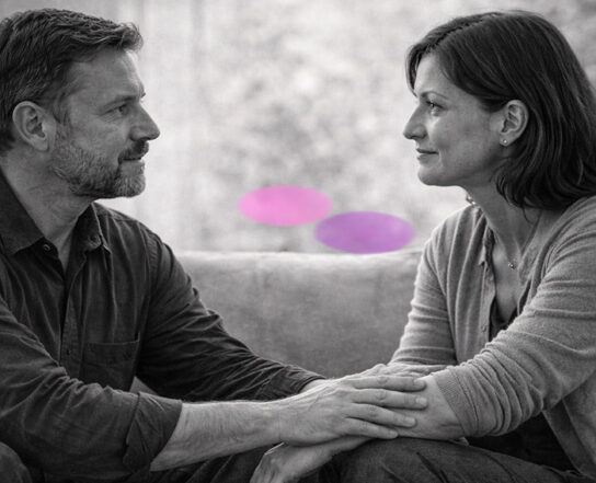 Deux personnes en thérapie, main posée sur le bras de l’autre, en noir et blanc, avec accents rose et violet.