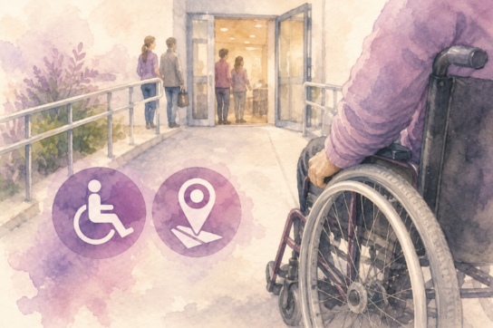Personne en fauteuil roulant devant un bâtiment accessible avec rampe, illustrant l’accessibilité des locaux de formation Mimethys
