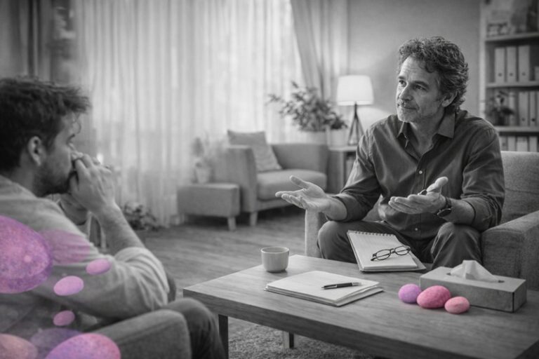 Thérapeute en séance avec un patient, scène en noir et blanc avec galets rose-violet Mimethys sur la table »