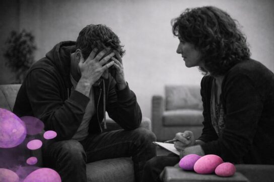 Séance thérapeutique en noir et blanc, un homme bouleversé face à une thérapeute bienveillante, avec des galets roses et violets Mimethys en avant-plan.