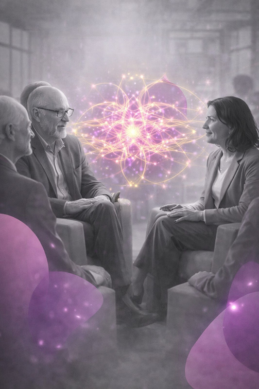 Praticiens en discussion symbolisant la continuité entre les approches d’Erickson, Bateson et les recherches actuelles en neurosciences sociales.