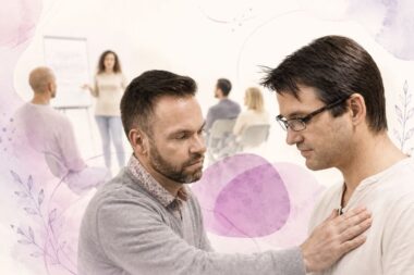 Deux hommes en interaction lors d’un atelier d’initiation à l’approche TLMR