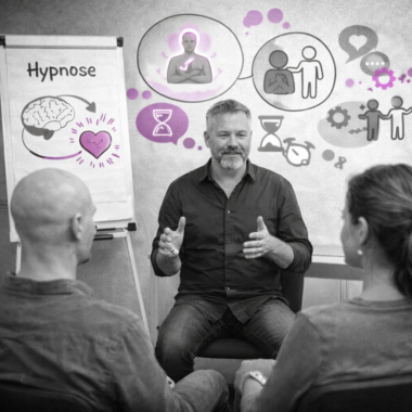 Atelier d’initiation : un formateur échange avec deux participants, tableau « Hypnose » et pictogrammes relationnels