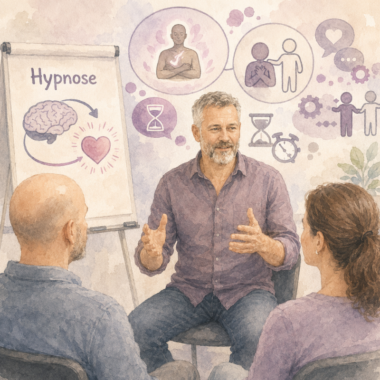 Atelier d’initiation : un formateur échange avec deux participants, tableau « Hypnose » et pictogrammes relationnels