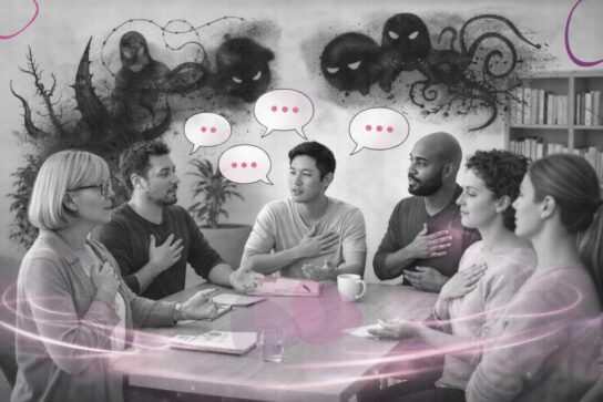 Groupe de professionnels assis autour d’une table lors d’un atelier de formation, échangeant dans un cadre collectif.