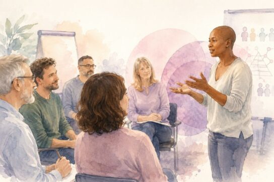 Animatrice échange avec un groupe de professionnels lors d’un atelier de perfectionnement TLMR