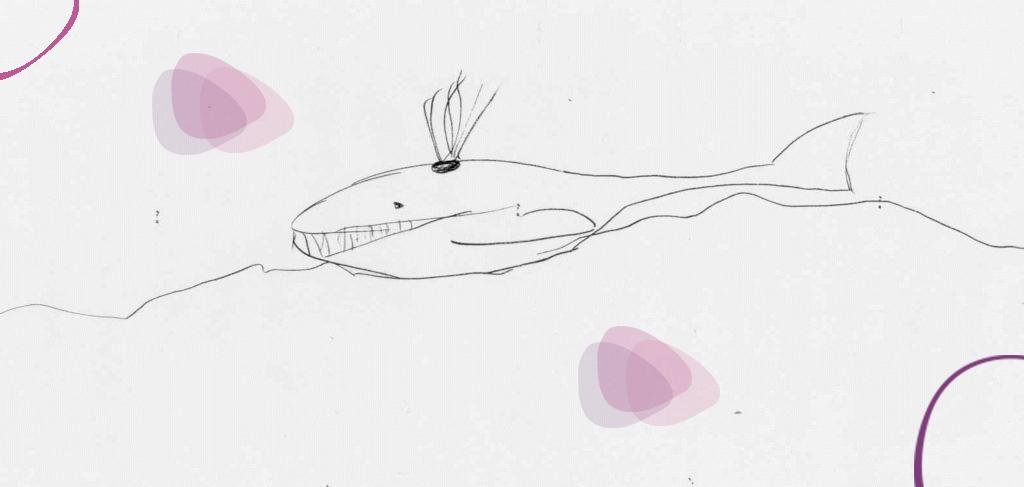 Dessin représentant une forme imaginaire tracée au crayon sur papier, utilisé comme support d’expression dans un cadre thérapeutique.