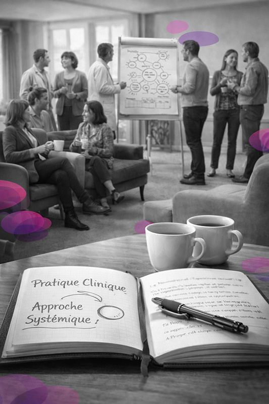 Groupe de professionnels de la santé et de la relation d’aide en atelier, échangeant autour d’un paperboard avec schémas systémiques, devant un carnet ouvert mentionnant « Pratique clinique » et « Approche systémique »