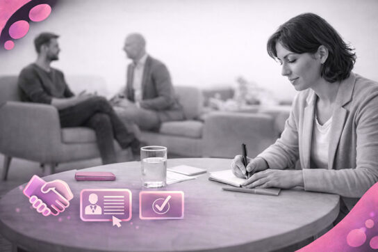 Thérapeute écrivant dans un carnet pendant qu’une séance se déroule en arrière-plan, avec des touches discrètes de rose et violet Mimethys.