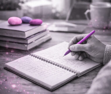 Main écrivant dans un carnet en noir et blanc avec un stylo rose, des livres empilés et des galets Mimethys rose et violet sur un bureau représenant le travail des auteurs de l'Institut