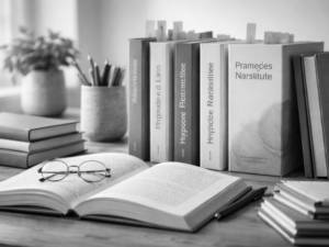 Livres et ouvrages des auteurs et formateurs de l’Institut Mimethys présentés sur un bureau avec carnet et lunettes en noir et blanc