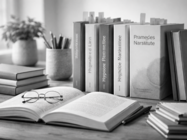 Livres et ouvrages des auteurs et formateurs de l’Institut Mimethys présentés sur un bureau avec carnet et lunettes en noir et blanc