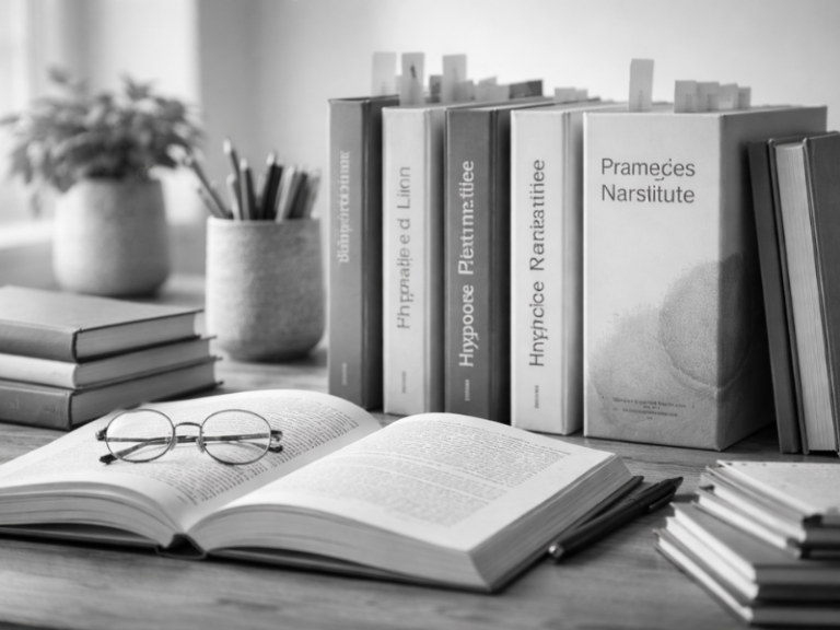 Livres et ouvrages des auteurs et formateurs de l’Institut Mimethys présentés sur un bureau avec carnet et lunettes en noir et blanc