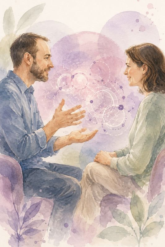 Praticien utilisant divers outils thérapeutiques symbolisés par des engrenages lumineux rose et violet.