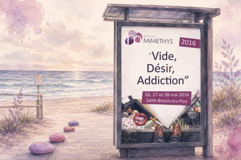 Affiche du congrès Mimethys 2016 dans un abribus, avec galets roses et violets, devant une plage en noir et blanc- theme désir et addiction