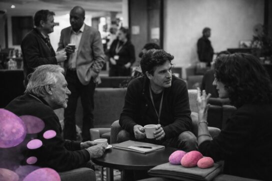 Participants discutant lors d’un congrès, en noir et blanc, avec des formes ovoïdes roses et violettes symbolisant les mondes relationnels Mimethys.