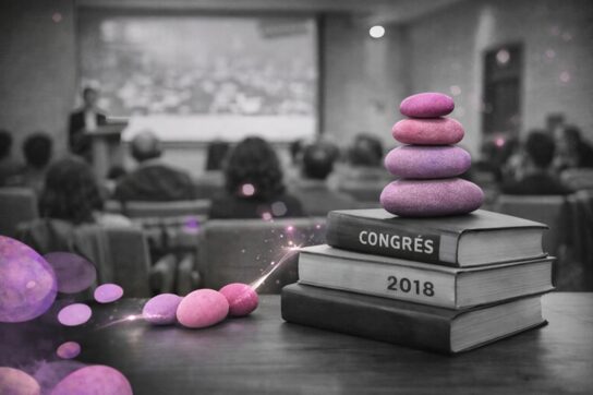 Pile de galets roses et violets sur des livres marqués “Congrès 2018”, devant une salle de conférence floutée — illustration Mimethys.