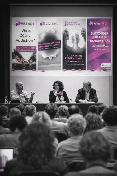 Scène de conférence Mimethys en noir et blanc avec trois intervenants et, en arrière-plan, les affiches colorées des congrès 2016, 2018, 2022 et 2023.
