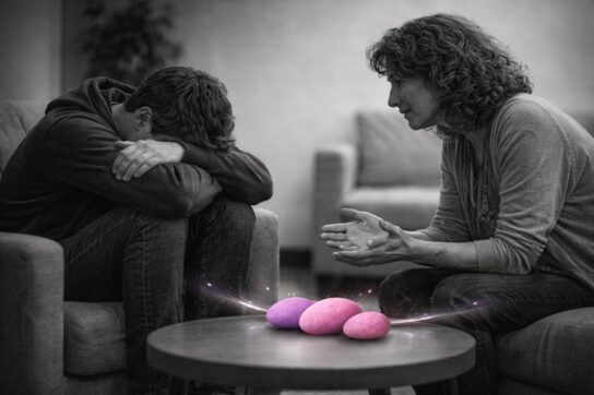 Séance thérapeutique en noir et blanc avec deux personnes en échange, galets roses Mimethys posés sur la table.