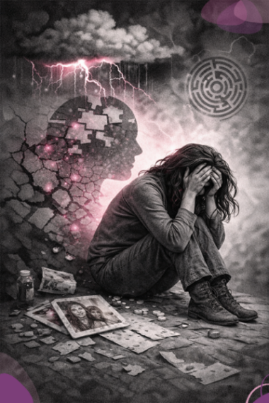 Schéma comparant trauma contextualisé et monde traumatique : dissociation, perte de sens, imprévisibilité et rupture des liens