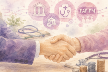 Poignée de main symbolisant un financement FAF-PM avec pictogrammes médicaux et institutionnels pour la formation des médecins libéraux.