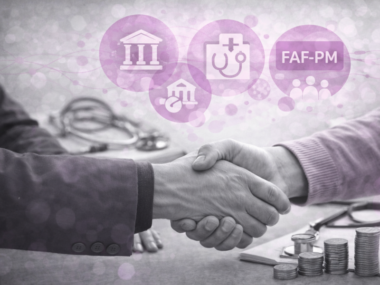 Poignée de main symbolisant un financement FAF-PM avec pictogrammes médicaux et institutionnels pour la formation des médecins libéraux.