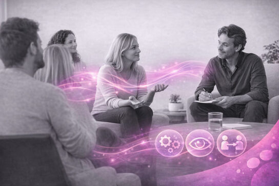 Groupe en formation d’hypnose, un formateur et une participante en interaction, avec des flux lumineux rose et violet symbolisant l’expression, la coopération et la mise en mouvement