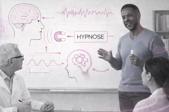 Formateur en hypnose orientée soin devant un schéma illustrant les processus cérébraux