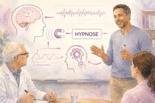 Formateur en hypnose orientée soin devant un schéma illustrant les processus cérébraux