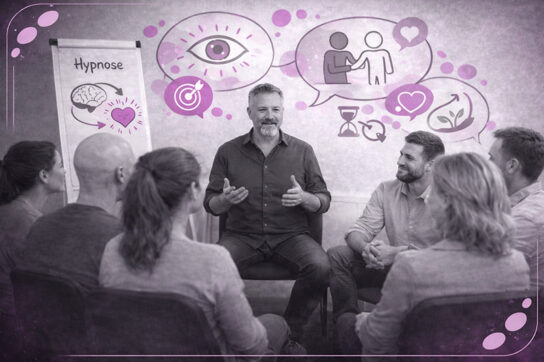 Groupe de professionnels en formation d’hypnose, guidés par un formateur, avec des illustrations symboliques rose et violet représentant l’observation, la relation et la confiance