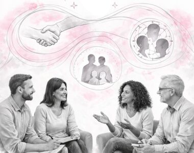 Professionnels en échange lors d’une formation TLMR, avec pictogrammes de lien relationnel en arrière-plan.