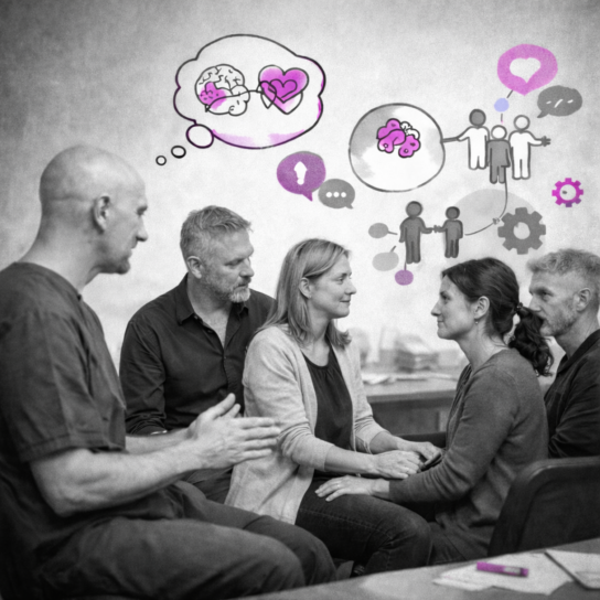 Groupe en formation TLMR travaillant la posture du thérapeute en relation d'aide