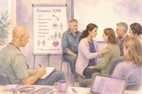 Groupe de professionnels en formation TLMR échangeant sur la posture thérapeutique et des situations cliniques complexes.